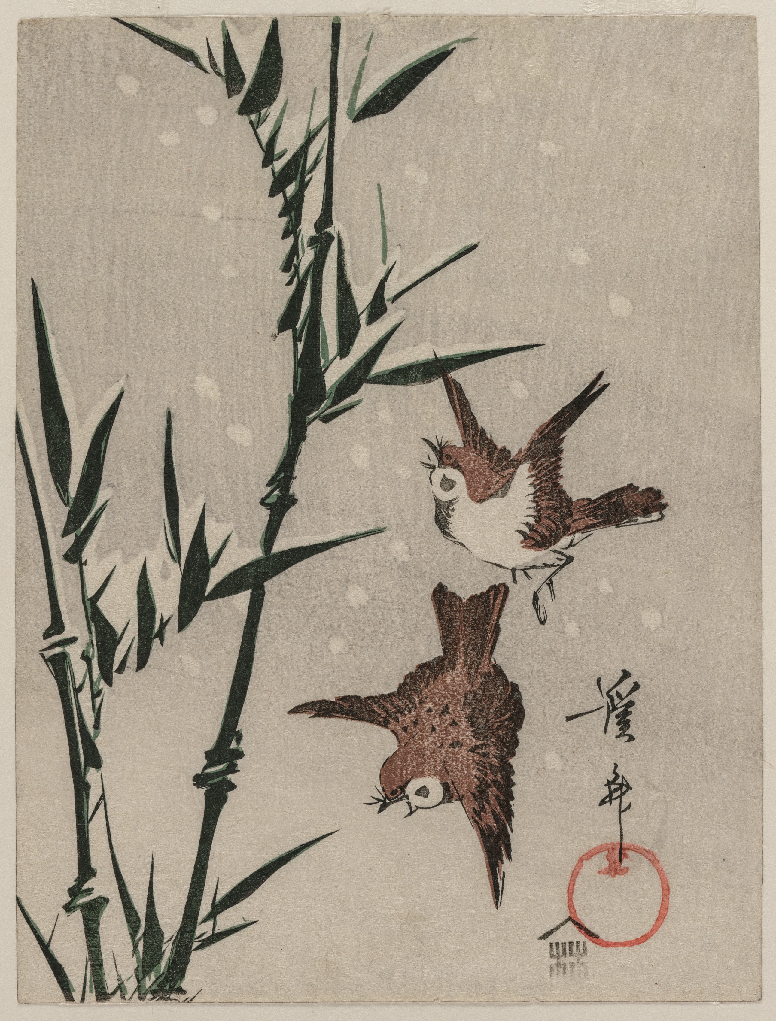 Keisai Eisen, Sparrows, Bamboo and Falling Snow