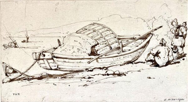 George Chinnery, Boatwomen by a beached Tanka boat, Macau