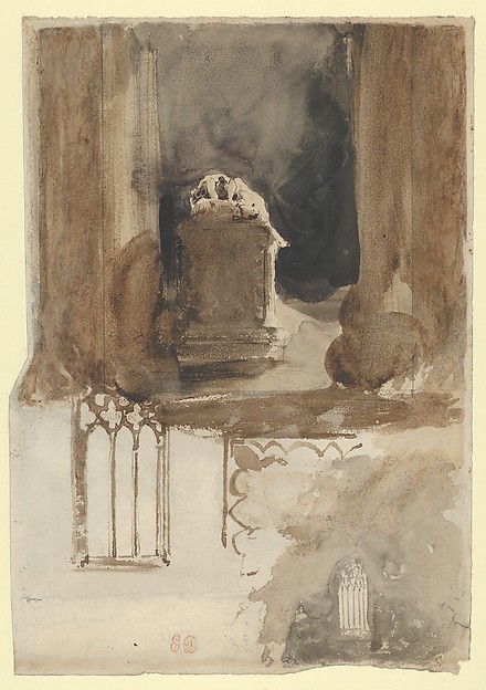 Eugène Delacroix, A Tomb and Studies of Windows in the Church of Valmont Abbey (recto); Four Studies of Horses (verso)