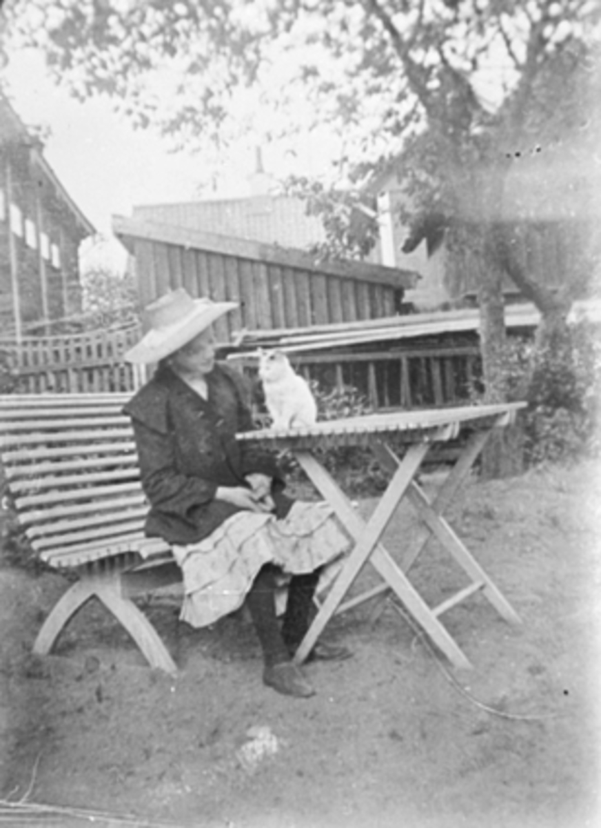 Anno Domkirkeodden, LISA LARSON PÅ EN HAGEBENK, KATT PÅ HAGEBORDET, BAKGÅRD, SKOLEGATA 12