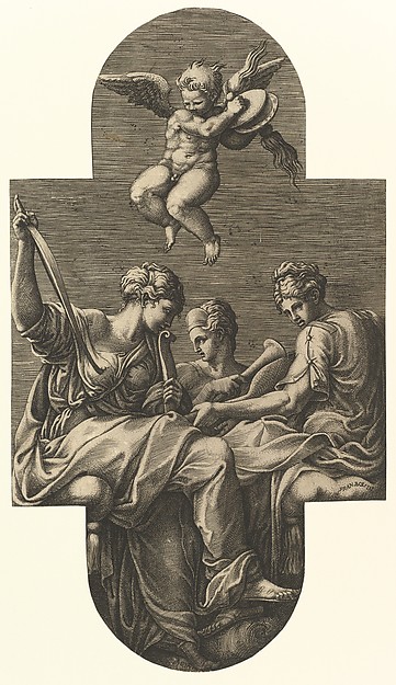 Giorgio Ghisi, Three Muses and a Putto with Cymbals,  from a series of eight compositions after Francesco Primaticcio's designs for the ceiling of the Ulysses Gallery (destroyed 1738-39) at Fontainebleau