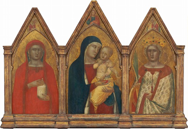 Pietro Lorenzetti, Madonna and Child with the Blessing Christ, and Saints Mary Magdalene and Catherine of Alexandria with Angels [entire triptych]