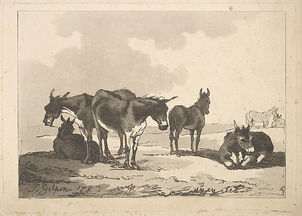 Thomas Rowlandson, A Group of Five Donkeys, Three Standing, Two Lying