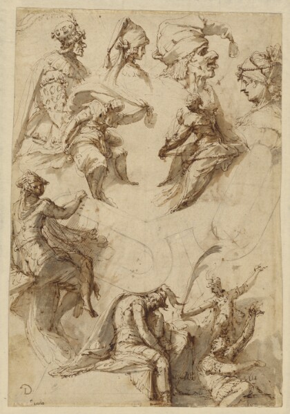 Perino del Vaga, Studies of Figures and Architecture (recto); Figure Studies (verso)