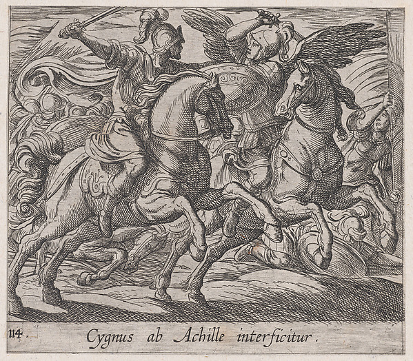 Antonio Tempesta, Plate 114: Achilles Battling Cygnus (Cygnus ab Achille interficitur), from Ovid's 'Metamorphoses'