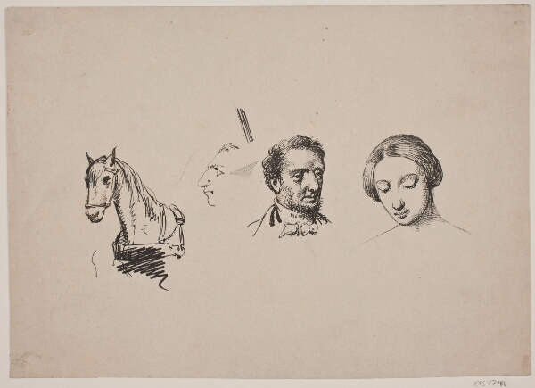 Wilhelm Marstrand, Studieblad med 3 hoveder og forkroppen af en hest