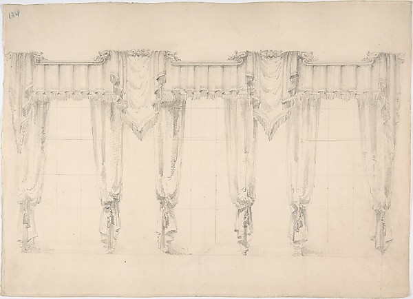 Anonymous, British, 19th century, Design for Fringed Curtains Surrounding Three Windows