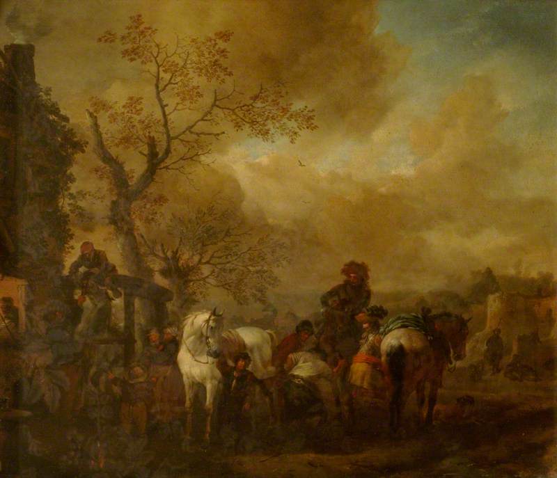Philips Wouwerman, A Farrier's Shop with a White Horse Being Shod
