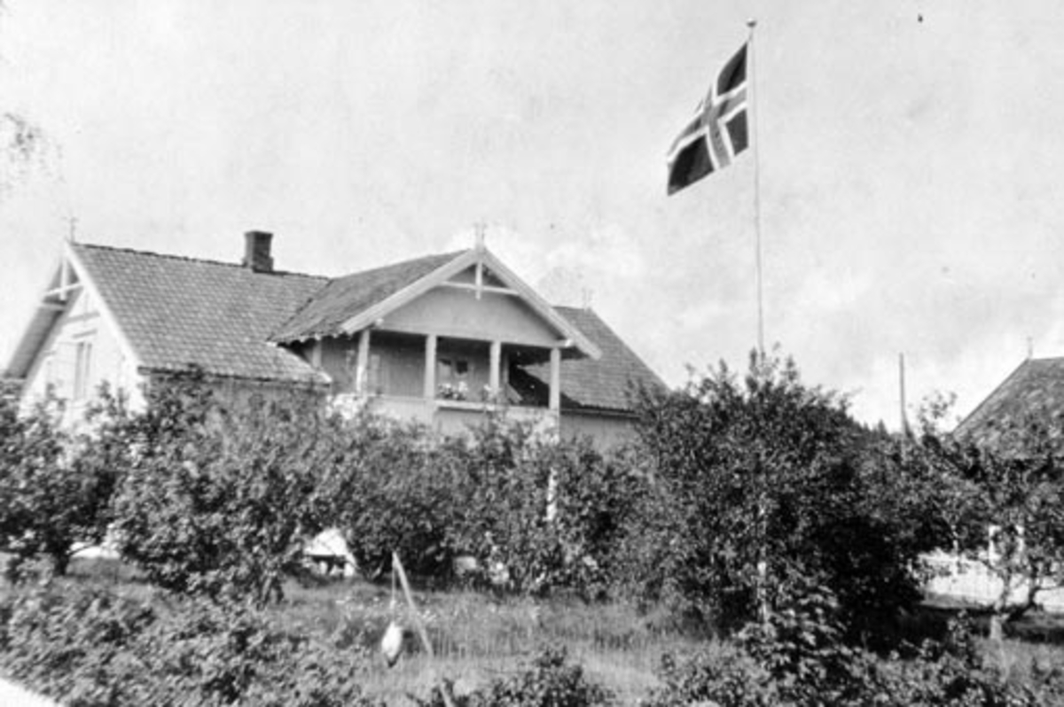 Anno Domkirkeodden, Eksteriør Freberg landhandleri, Nes, Hedmark. Flaggstang med flagg.