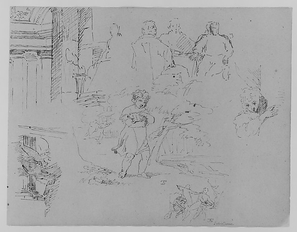 Thomas Sully, Two Architectural Sketches; Three Men Seated at Table; Child Holding Pet in Landscape; Figure Appearing Behind Corner; Scene from Julius Ceasar (from Sketchbook)
