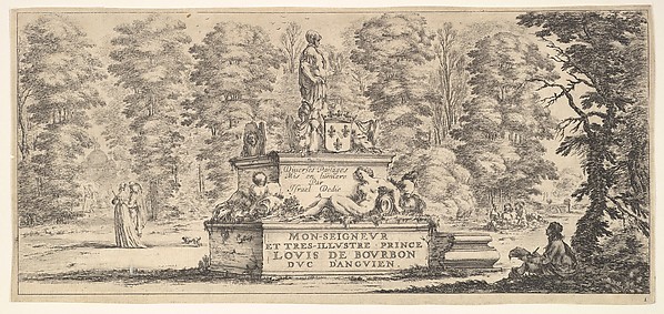 Stefano della Bella, Plate 1: a monument with statues and a coat of arms in the center, a draughstman on the ground beneath a tree to right, two pairs of lovers to left in the background, from "Various Landscapes" (Divers Paysages)