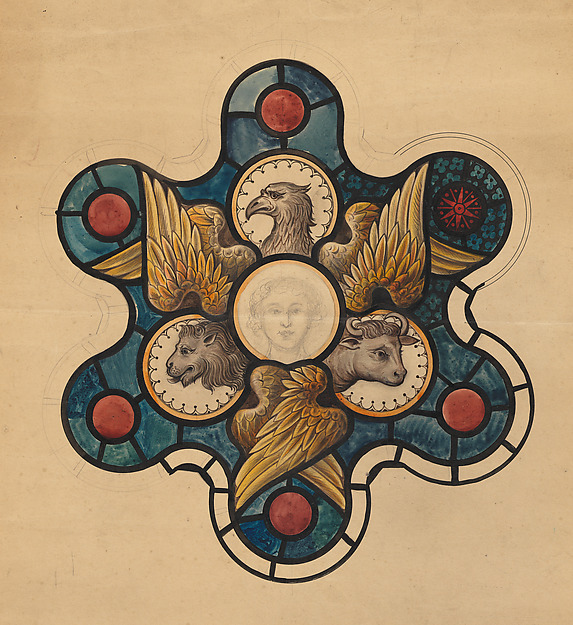 Anonymous, British, 19th century, Design for Stained-Glass Window with Symbols of the Evangelists