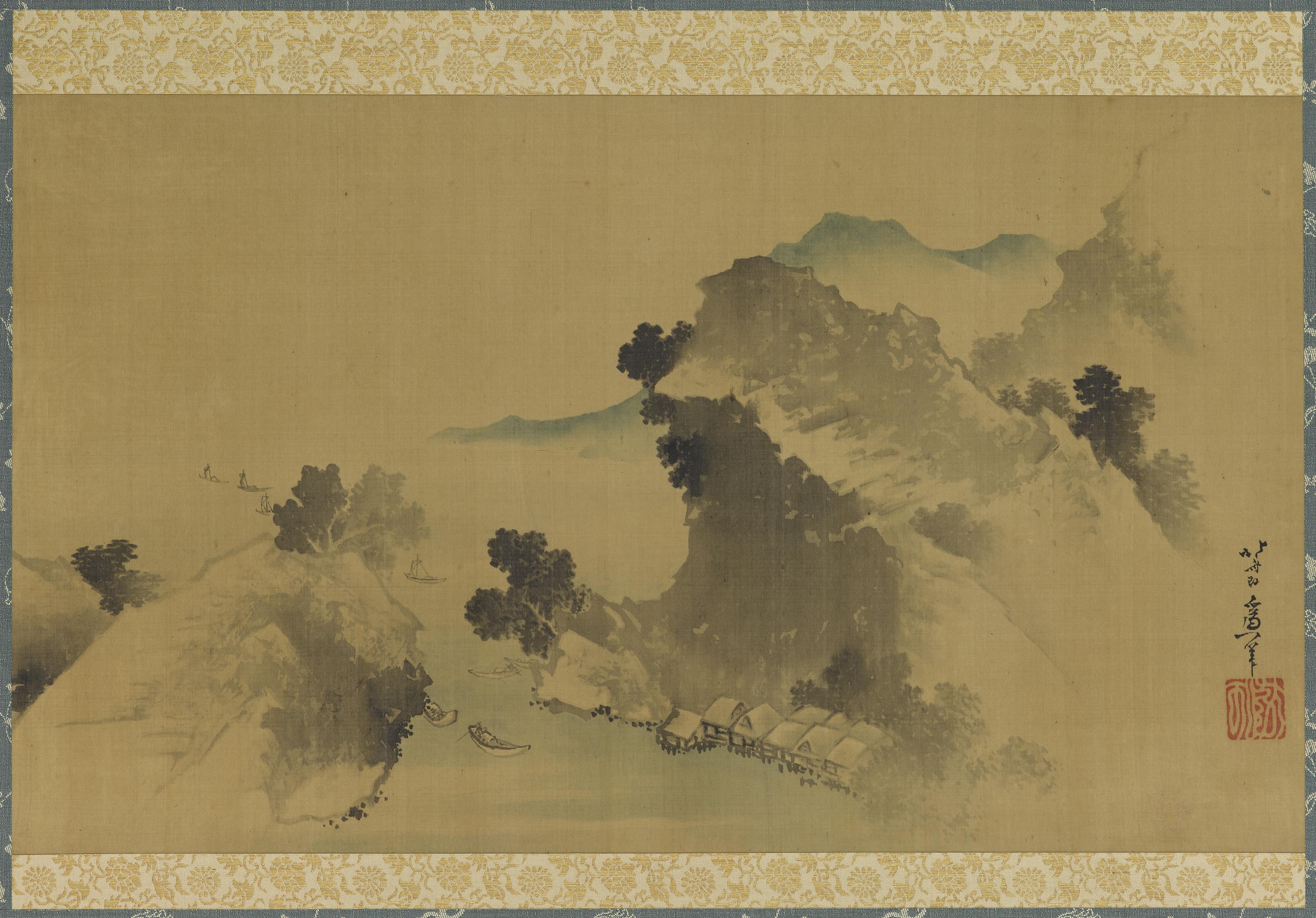 Katsushika Hokusai, Landscape: mountains, stream and boats