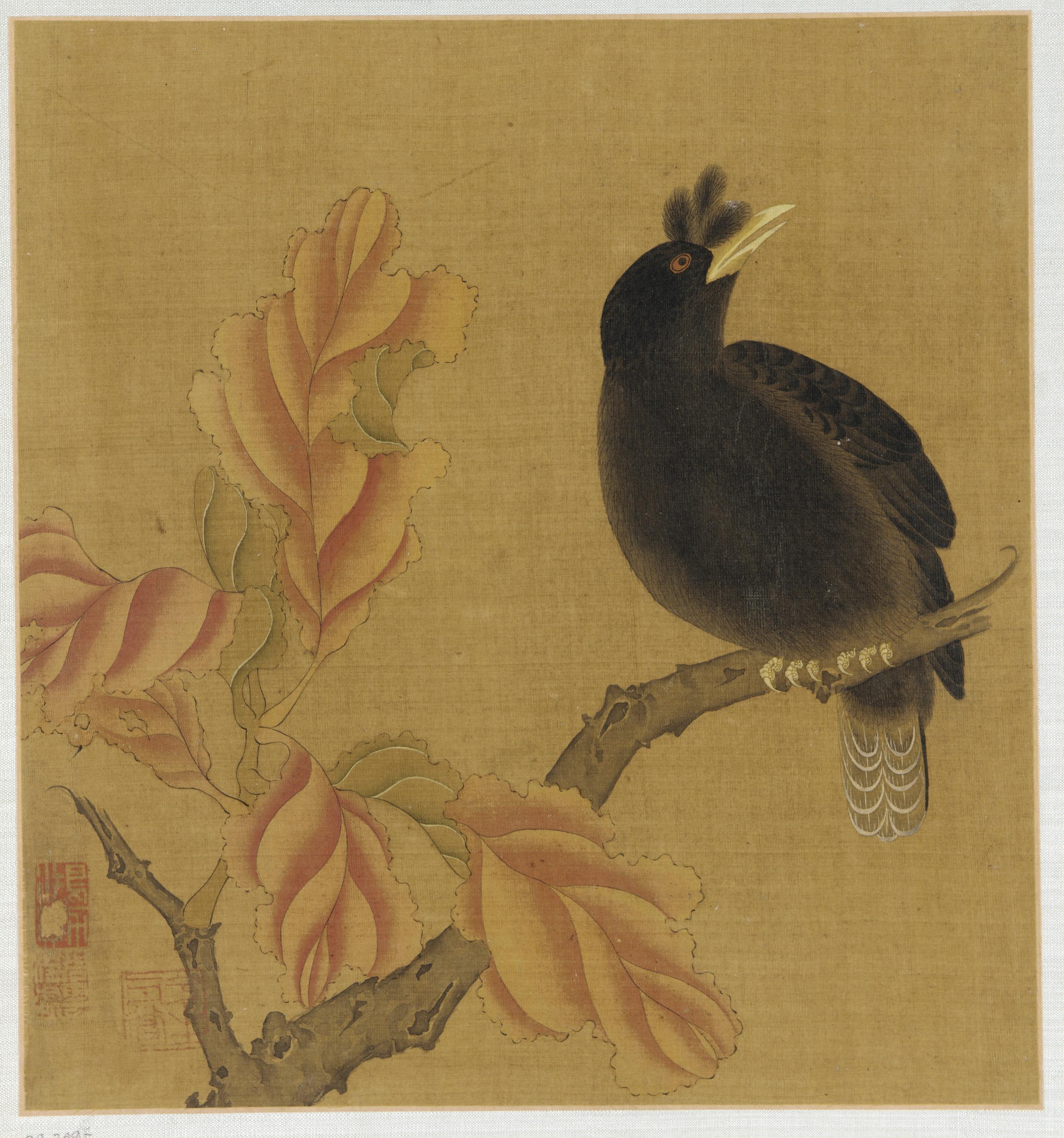 Formerly attributed to Zhao Boju, A blackbird on a branch; autumn leaves