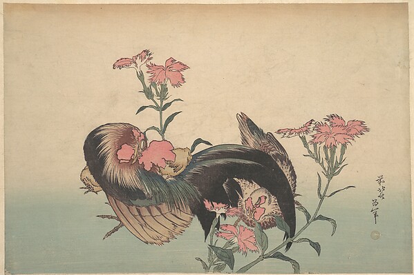 Katsushika Hokusai, Cock, Hen, and Nadeshiko (Dianthus Superbus)