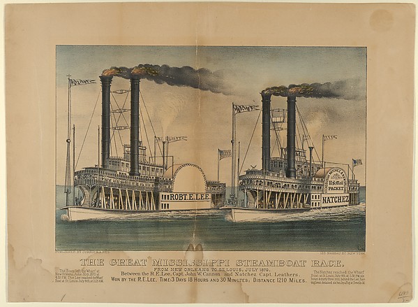 Currier & Ives, The Great Mississippi Steamboat Race–From New Orleans to St. Louis, July 1870–Between the R.E. Lee, Captain John W. Cannon and Natchez Captain Leathers–Won by the R.E. Lee, Time: 3 Days 18 Hours and 30 Minutes; Distance 1210 Miles.