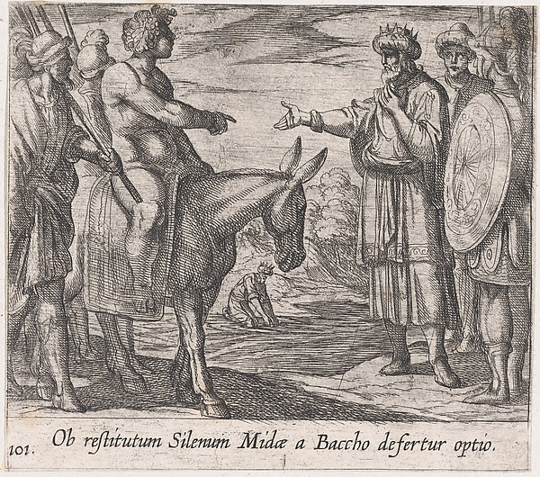 Antonio Tempesta, Plate 101: Bacchus Granting Midas's Wish (Ob restitutum Silenum Midae a Baccho Defertur optio), from Ovid's 'Metamorphoses'