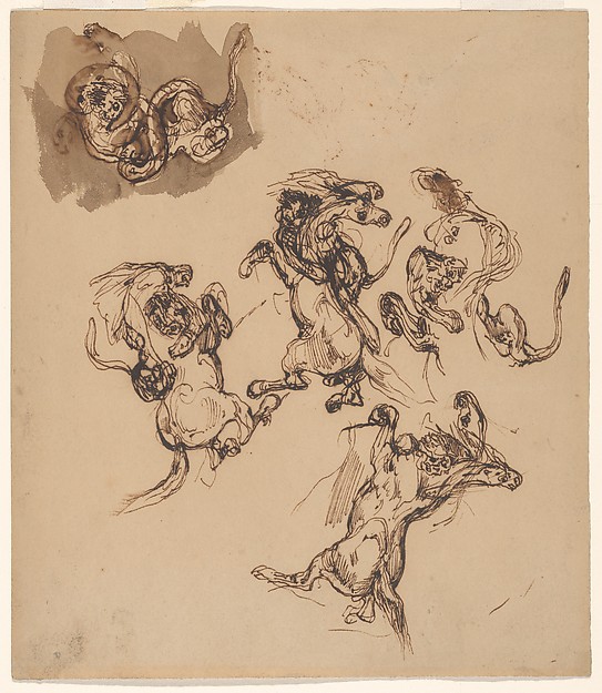 Eugène Delacroix, Studies of a Rearing Horse Attacked by a Lion and a Lion Wrestling with a Serpent