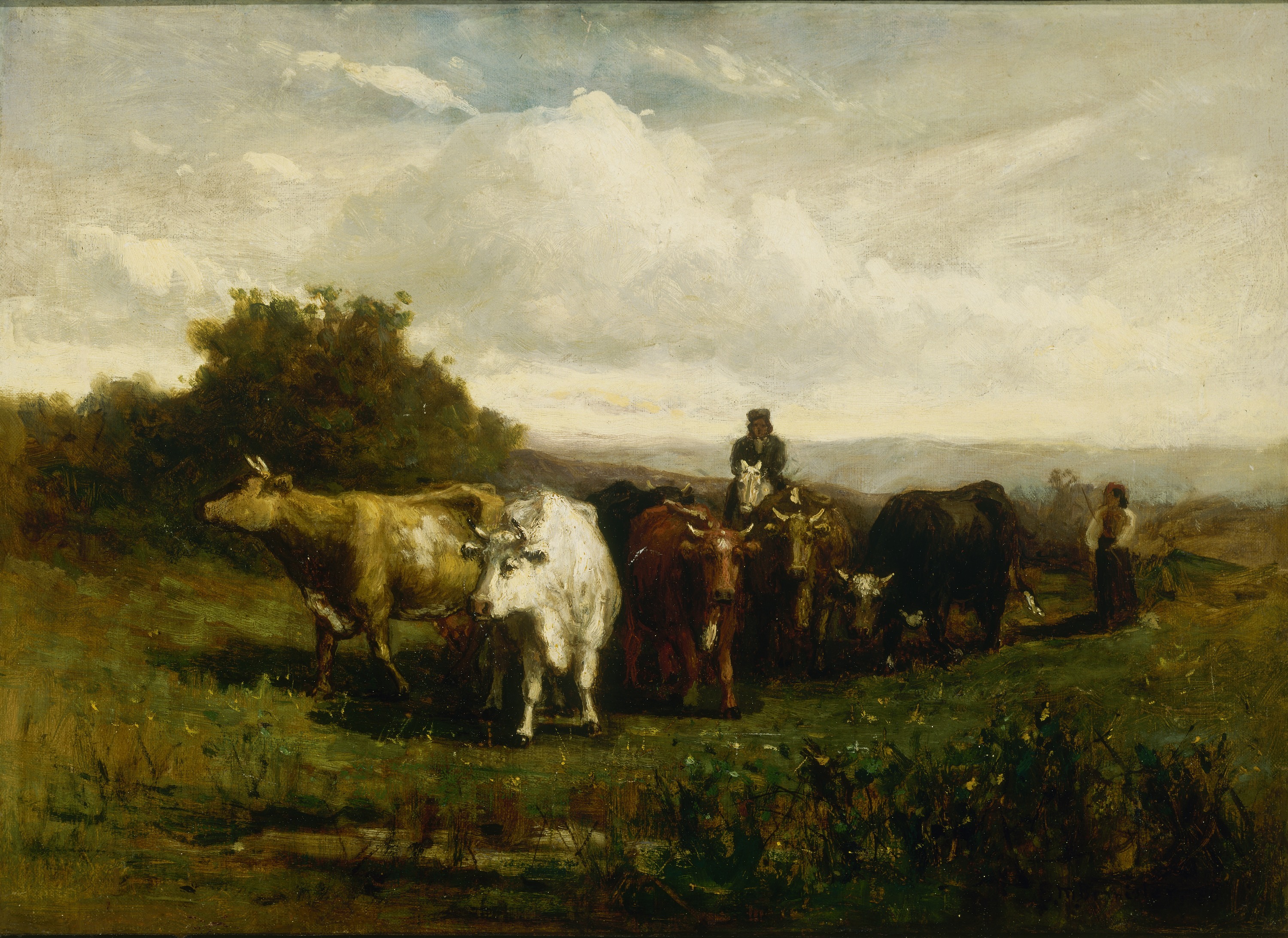 Edward Mitchell Bannister, Untitled (man on horseback, woman on foot driving cattle)