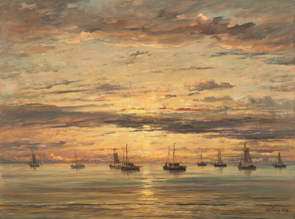 Hendrik Willem Mesdag, Sunset at Scheveningen:  A Fleet of Fishing Vessels at Anchor