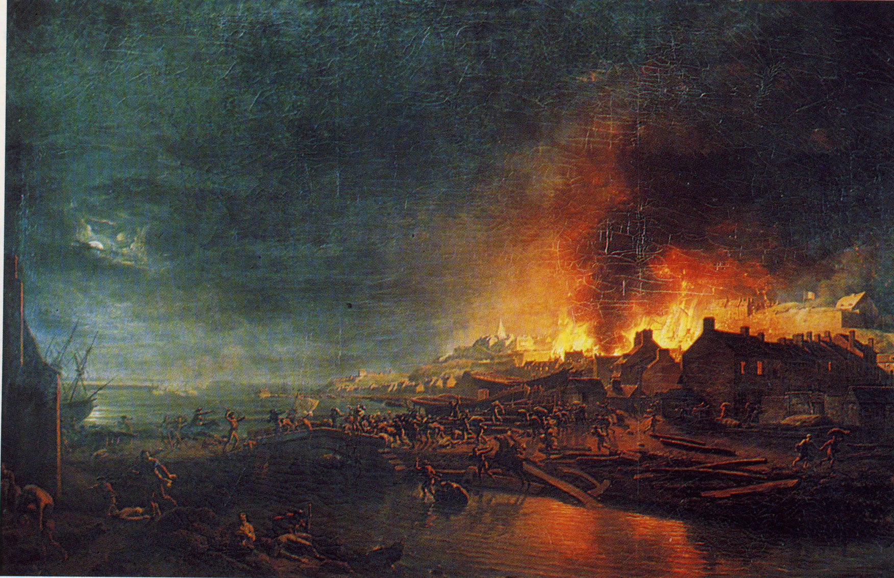 Jean-François Hue, Vue de la ville et du port de Granville, assiégé par les Vendéens, au moment où ses habitants dévouent la basse ville aux flammes, pour en chasser les rebelles