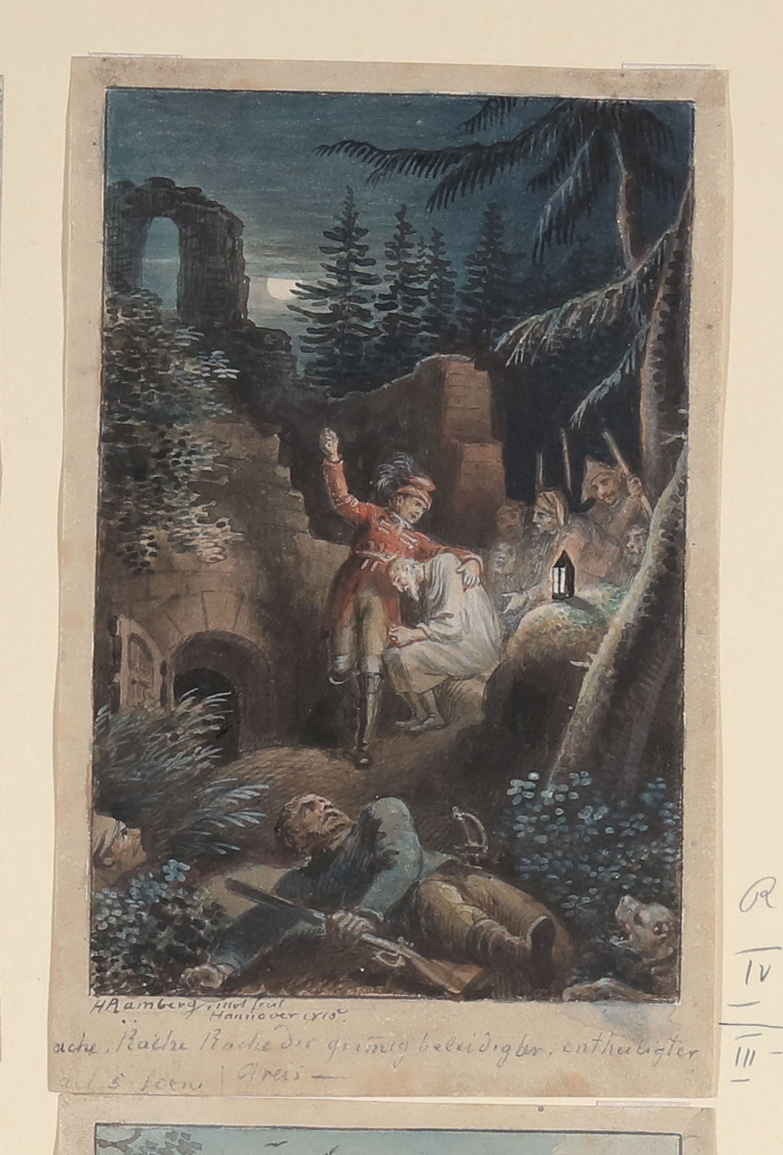 Johann Heinrich Ramberg, Karl Moor schwört Rache für die an seinem Vater begangenen Gräueltaten [Illustration zu Friedrich Schillers Drama "Die Räuber", 4. Akt, 5. Szene]