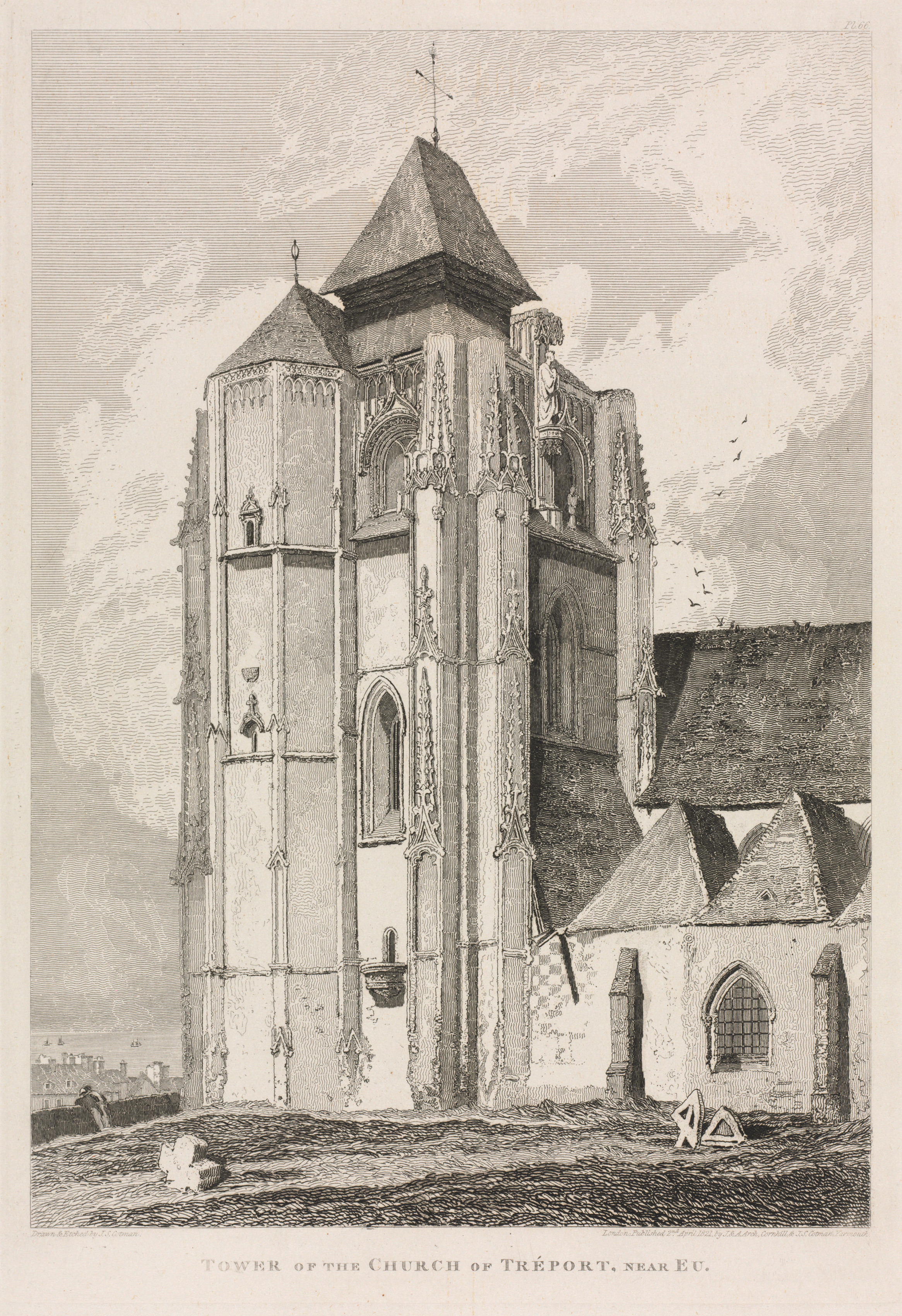 John Sell Cotman, Architectural Antiquities of Normandy (Vol. II), Pl. 66:  Tower of the Church of Tréport, near Eu
