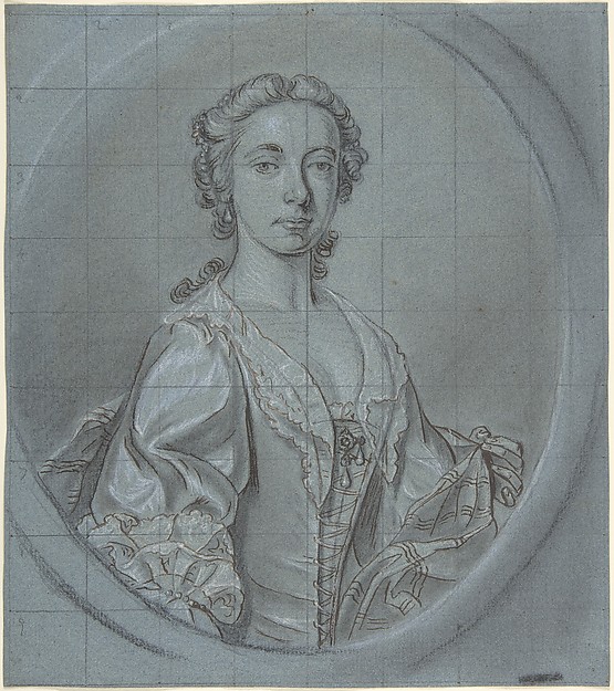 Joseph van Aken, Bust-length portrait study of a young woman with a striped shawl