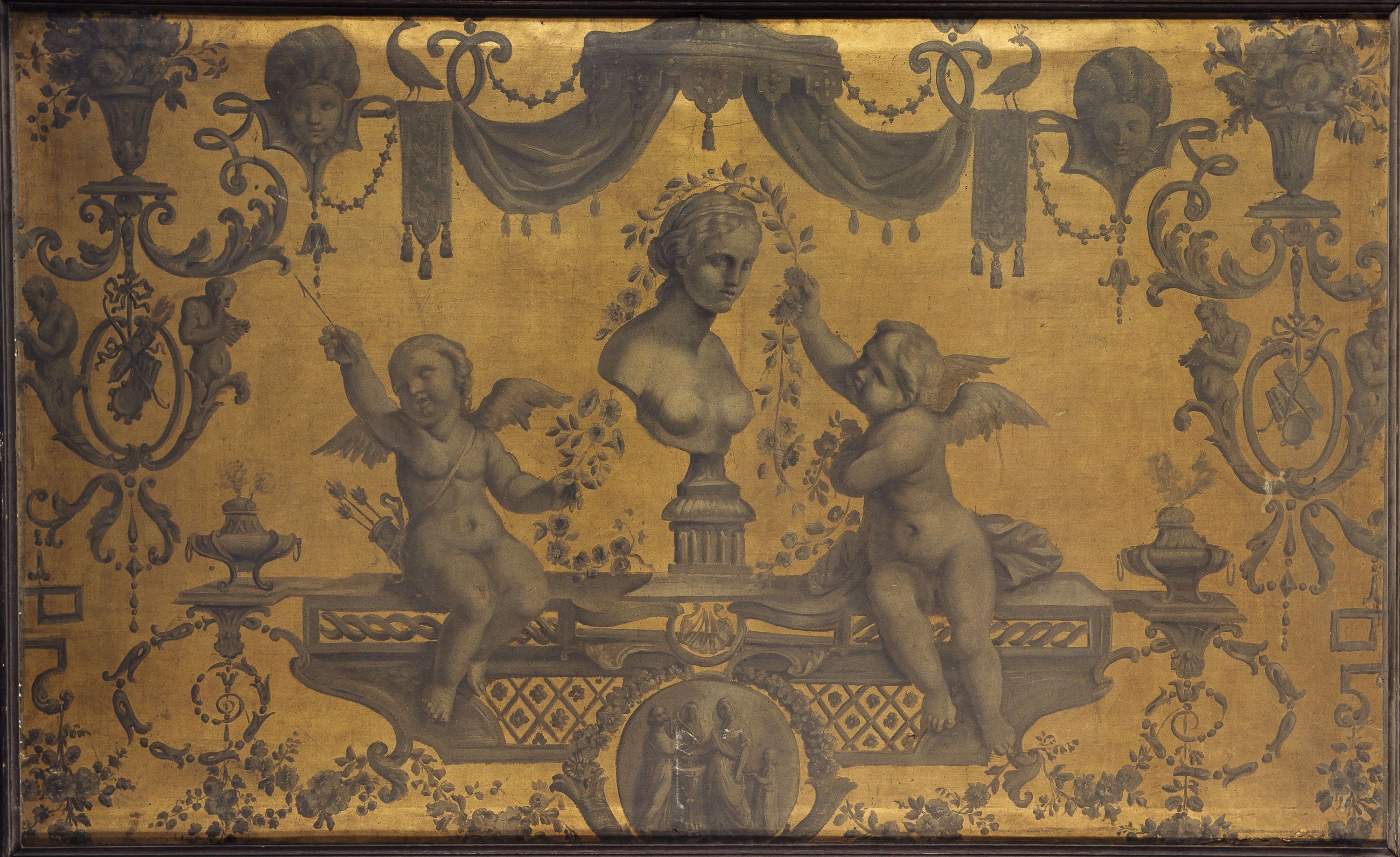 Anonyme, Panneau décoratif grotesque, deux amours couronnant un buste de fleurs