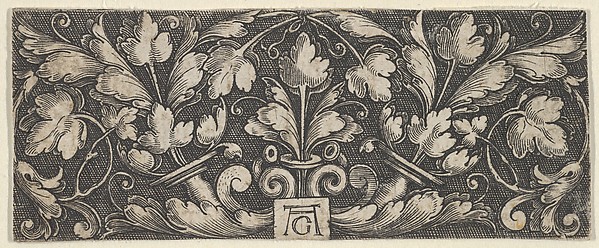 Heinrich Aldegrever, Horizontal Panel with Two Tendrils Sprouting Upwards from Horns at Center