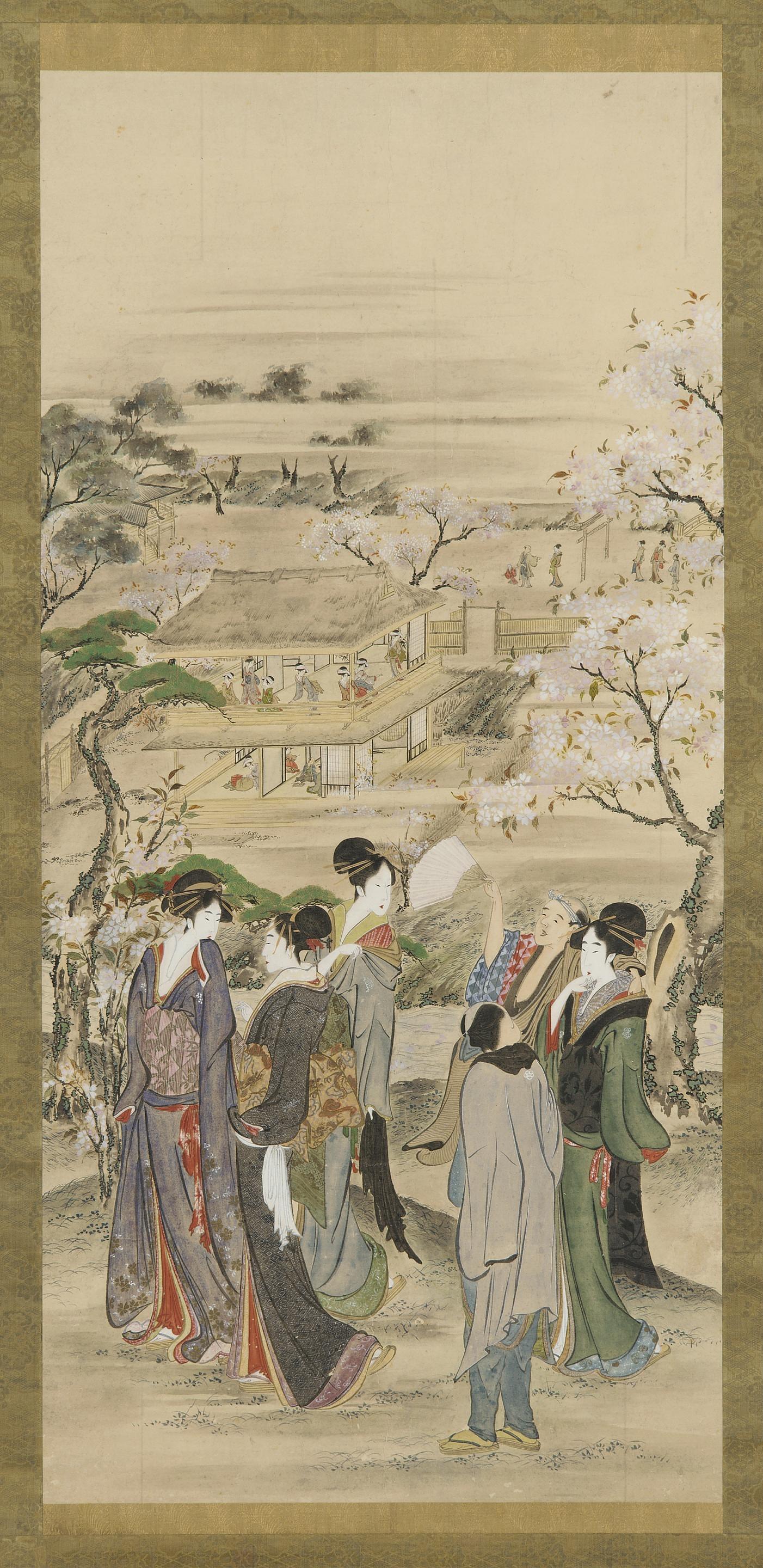 Katsushika Hokusai, Landscape: parties of men and women looking at cherry blossoms