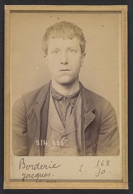 Alphonse Bertillon, Borderie. Ferdinand, Jacques. 19 ans, né à Sarlat (Dordogne). Peintre sur métaux. Pas de motif. 1/3/94.