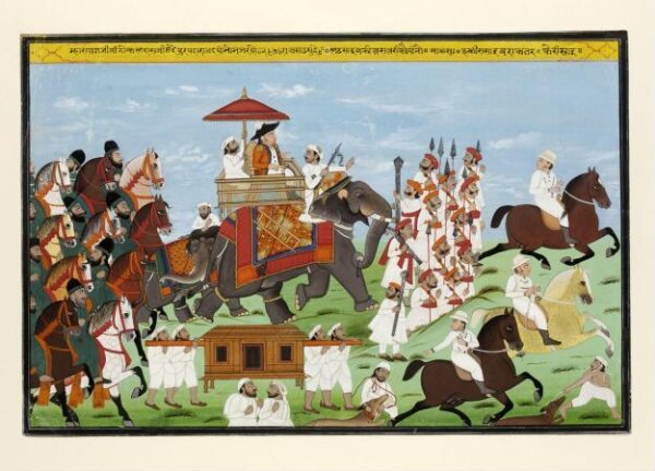 Unknown, Captain James Tod riding an elephant with his companions and escort