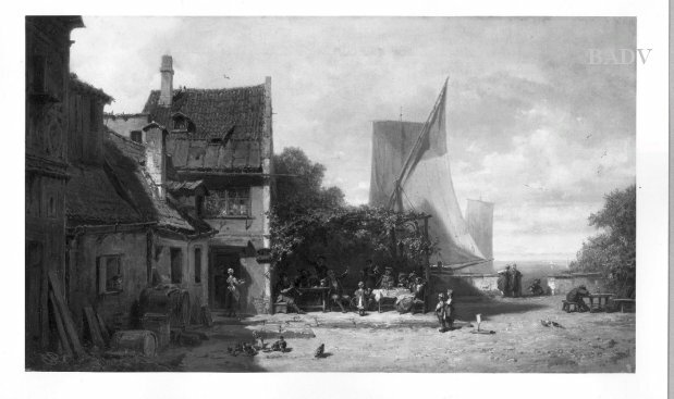 Carl Spitzweg, Strandbild mit alten Häusern und zwei Segelbooten