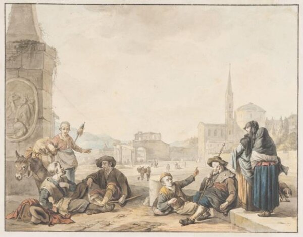 Johannes Lingelbach, Capriccio with a group of figures resting in the Piazza del Popolo, Rome