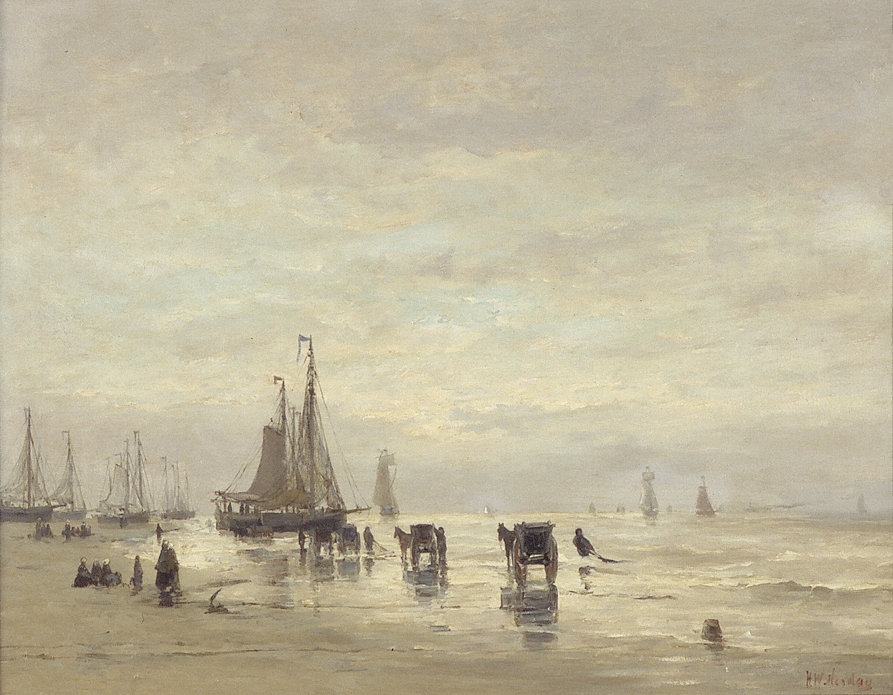 Hendrik Willem Mesdag, Beach with Boats and Seashell Hunters