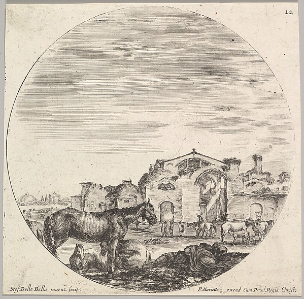 Stefano della Bella, Plate 12: a shepherd sleeping on the ground, the Baths of Diocletian in the background, from "Roman landscapes and ruins" (Paysages et ruines de Rome)