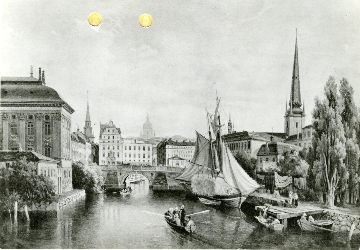 Repro, Utsikt över Riddarholmen och Riddarholmskanalen 1830-talet. Oljemålning.