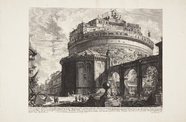 Giovanni Battista Piranesi, Bagsiden af Castel Sant' Angelo (Hadrians mausoleum), i forgrunden stabler af kanonkugler