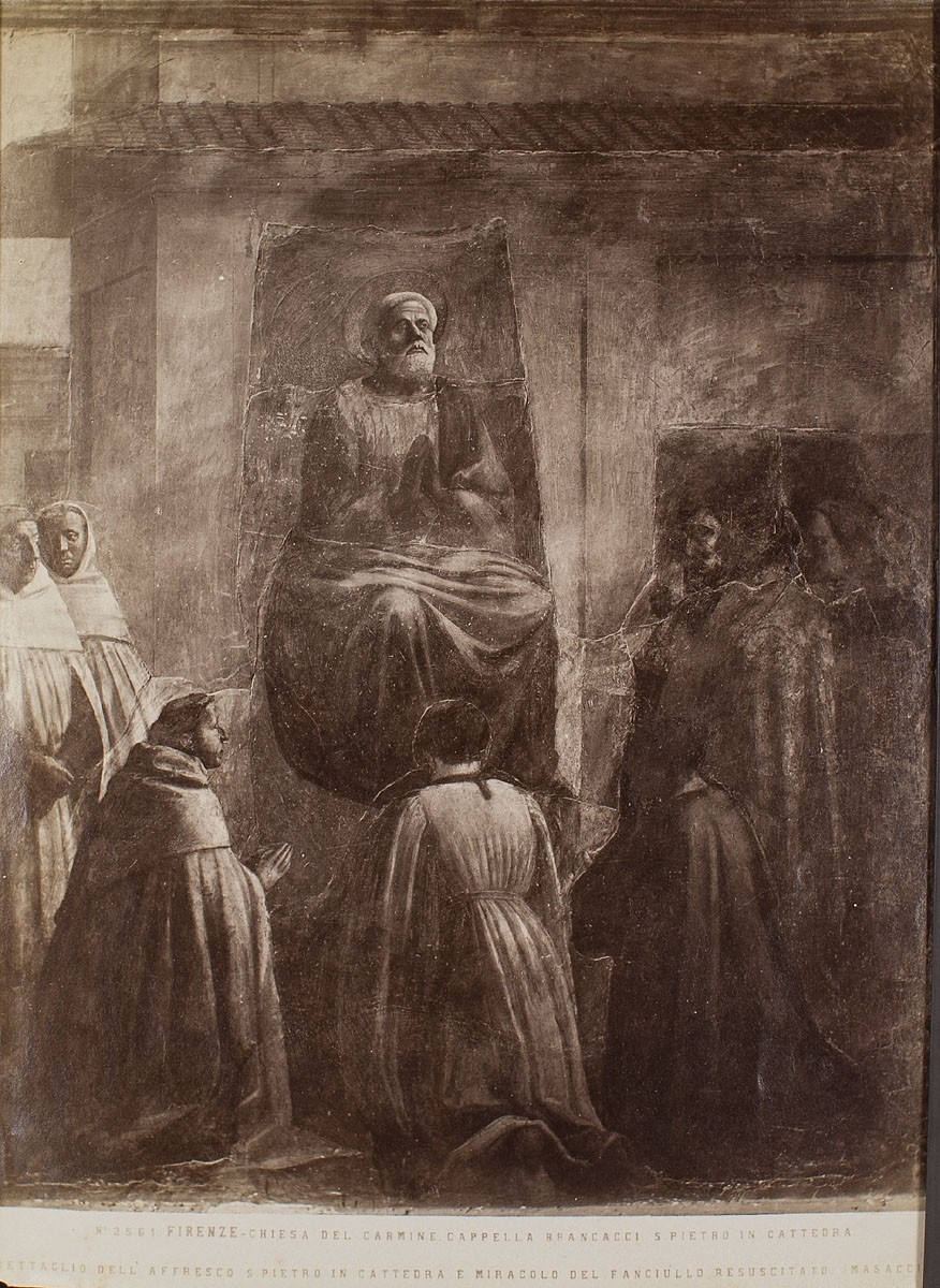 Fratelli Alinari, Masaccio: Die Wiedererweckung des Sohnes von Theophilus und der Thronende Petrus, Santa Maria del Carmine, Cappella Brancacci, Florenz