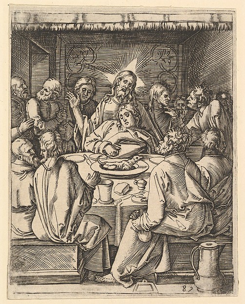 Marcantonio Raimondi, The Last Supper; The last supper with Christ sitting in the center embracing John, from "The Passion of Christ", after Dürer