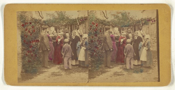 Unknown, [Group of people playing a game in the garden, one woman is blindfolded]