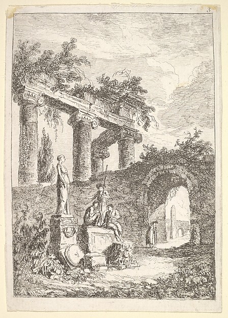 Hubert Robert, Plate 3: The Statue Before the Ruins: a statue to left next to three figures on a pedestal, a beggar standing in an archway to right, four columns and the remains of an entablature to top left, from "Les soirées de Rome"