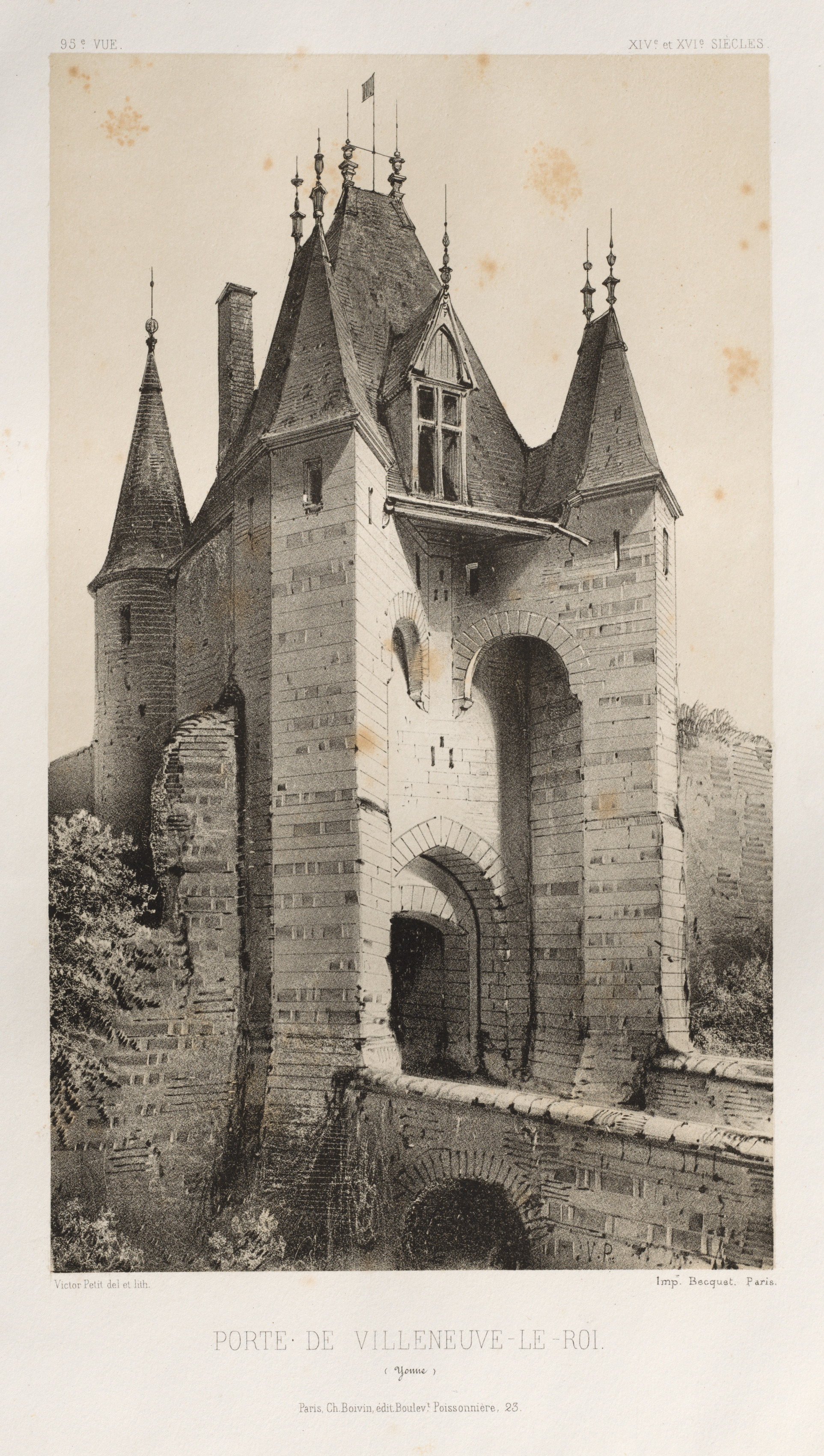 Victor Petit, Architecture Pittoresque ou Monuments des XVeme. Et XVIeme. Siecles: Chateaux de France des XV et XVI Siecles: Pl. 95, Porte de Villeneuve-Le-Roi (Yonne)