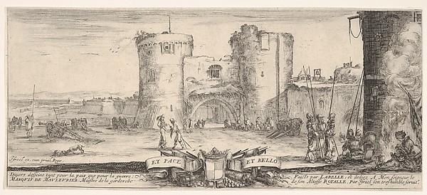 Stefano della Bella, An entrance to a fortress in center, a woman with child seated by a fire to right, soldiers gather to right and in center, cannons in landscape to left, title page for "Peace and War" (Divers desseins tant pour la paix que pour la guerre)