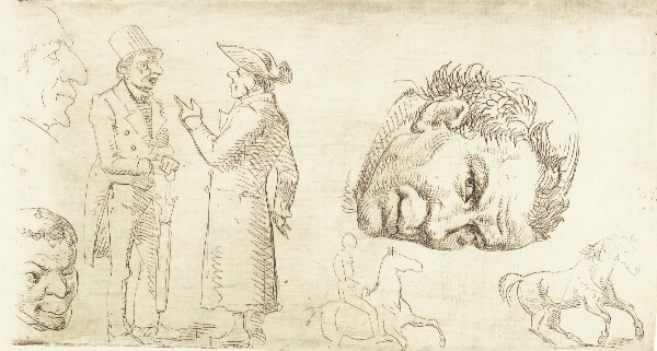 Wilhelm Marstrand, Andet prøveblad i stylografi med munkehoved, heste m.m.