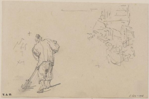 George Chinnery, A Chinese figure sweeping, and two figures by a basket