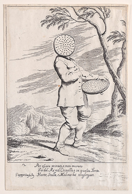 Giuseppe Maria Crespi, Plate 2: Bertoldo holding a tart in his hand and wearing a sieve on his head, from "Bertoldo, Bertoldino, and Cacasenno"