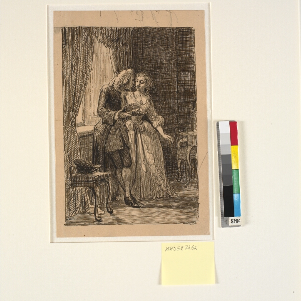 Wilhelm Marstrand, Et ungt ægtepar. Kronprins Frederik (Frederik V) spiser på Charlottenborg kirsebær med Kronprinsesse Louise, (C. D. Biehls Breve, udg. 1865)