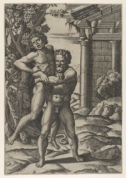 Marcantonio Raimondi, Hercules holding Antaeus by the waist and lifting him off his feet